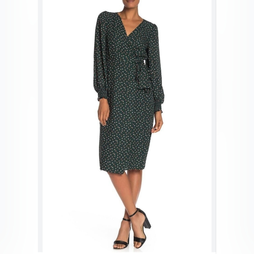 Max Studio Dark Green Dot Wrap Midi Dress with Long Puff Sleeves